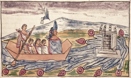 Montezuma II (1466-1520) quittant rapidement après avoir entendu parler du débarquement des Espagnols, 1579